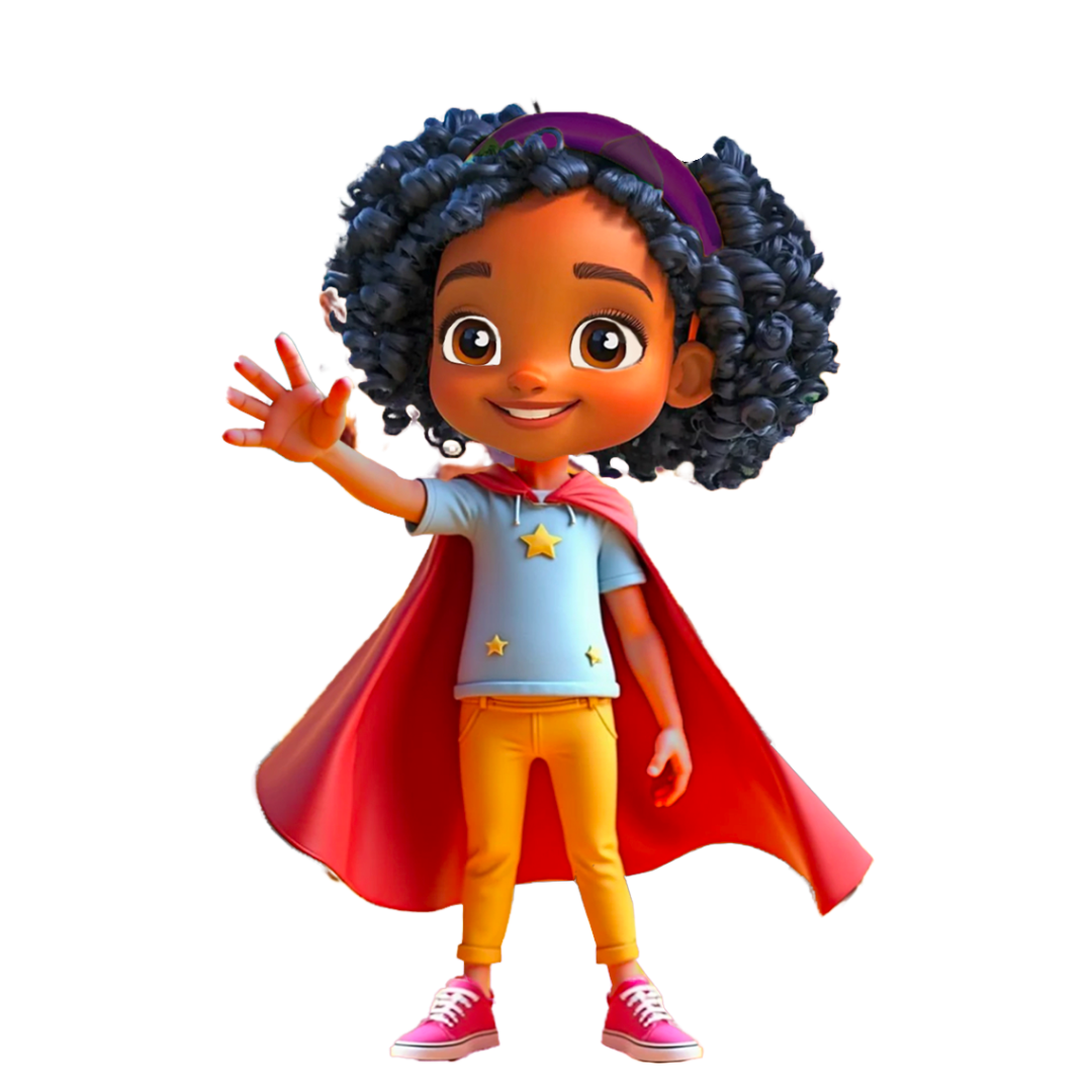Illustration of Autumn, the book's main character, waving as a superhero.