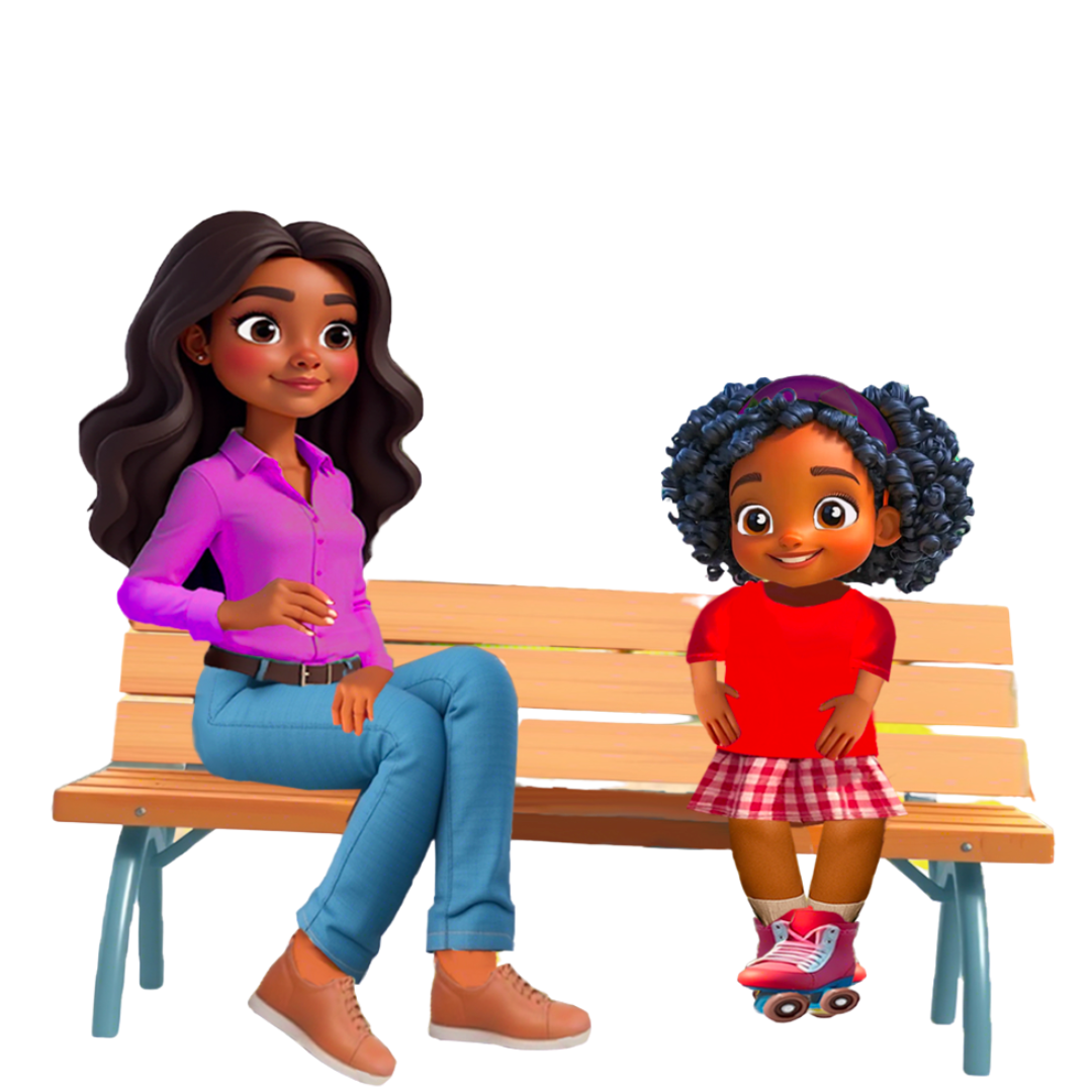 Illustration of a mother and daughter talking together on a park bench.