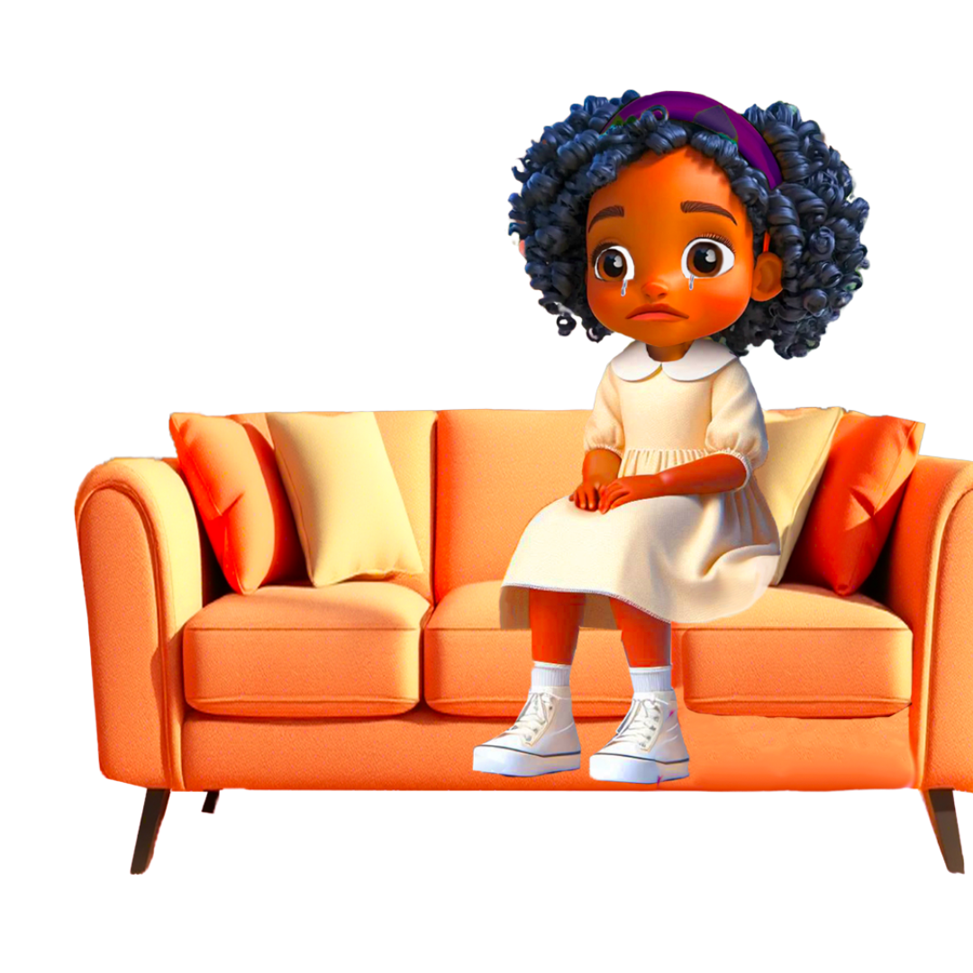 Illustration of a child looking sad on a couch, representing unspoken worries.